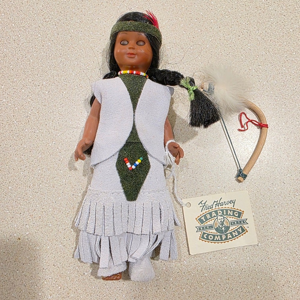 Fred Harvey 7.5" Native American Inspired Souvenir Doll With Bow Grey Green